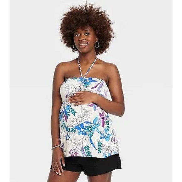 Isabel Maternity Babydoll Halter Top Cream Floral - Picture 1 of 10